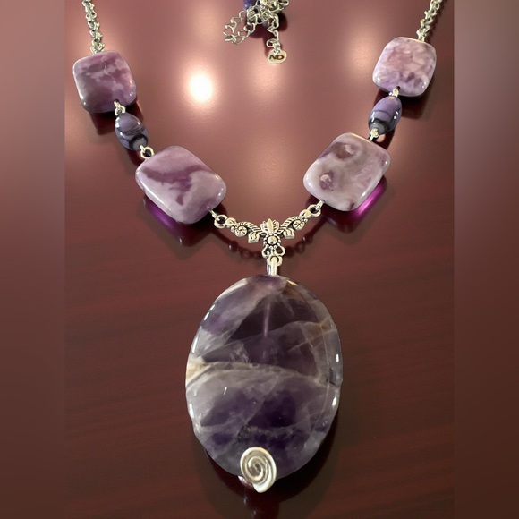 Hand Crafted Jewelry - Natural Amethyst Gemstone Pendant Necklace with Purple Oval & Rectangle Beads